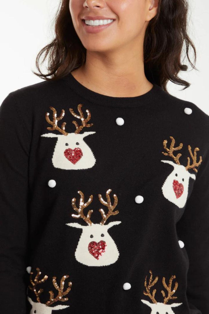 Black Reindeer Pom Pom Christmas Jumper