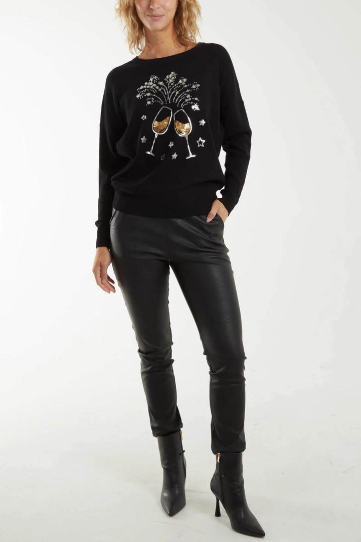 Black Sequin Champagne Glass Knitted Christmas Jumper