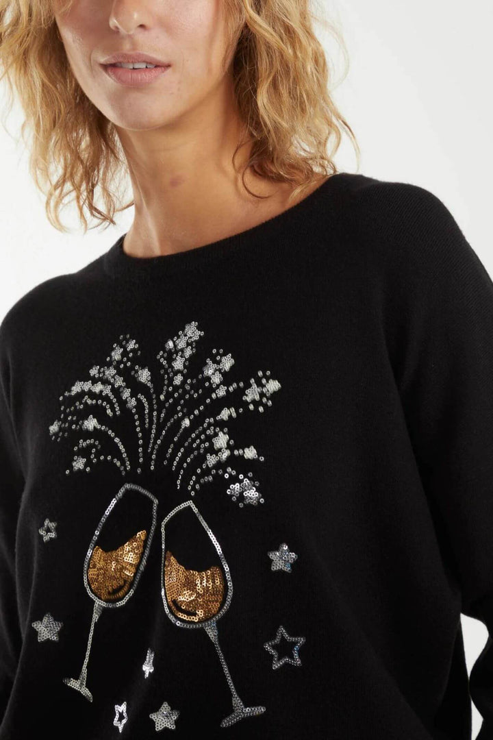 Black Sequin Champagne Glass Knitted Christmas Jumper
