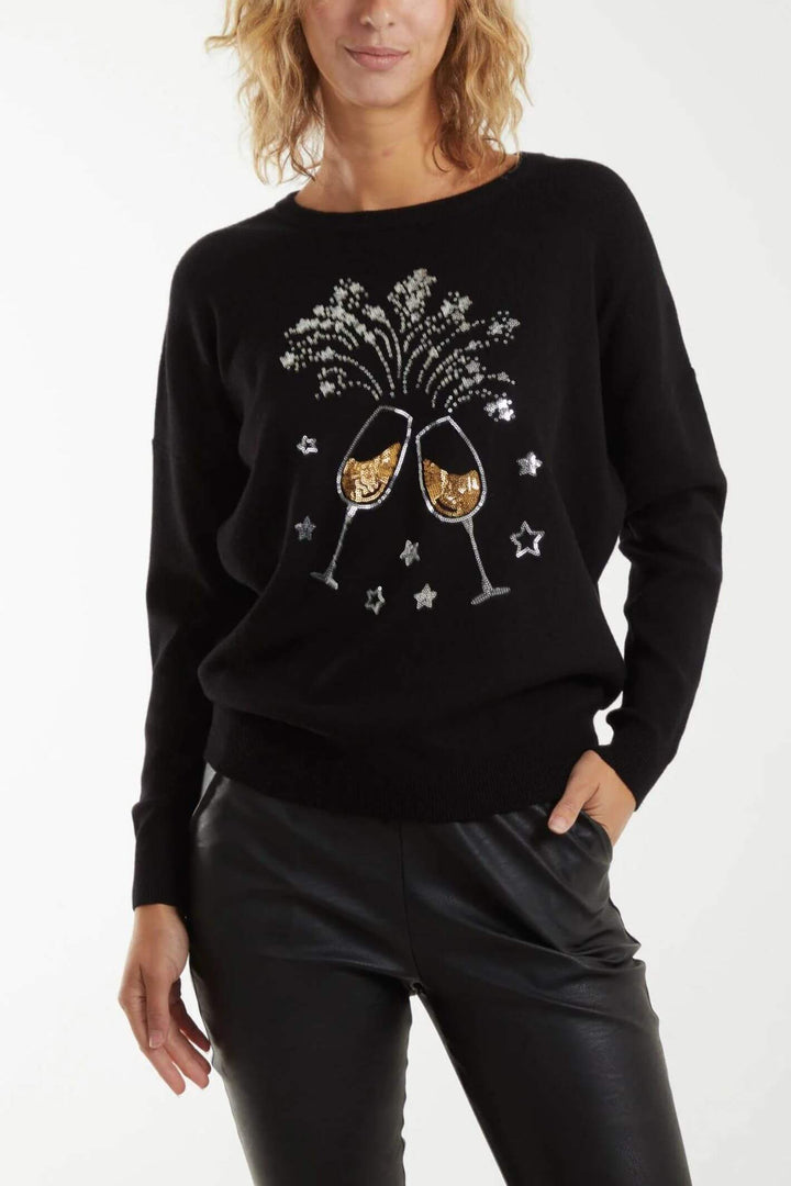 Black Sequin Champagne Glass Knitted Christmas Jumper
