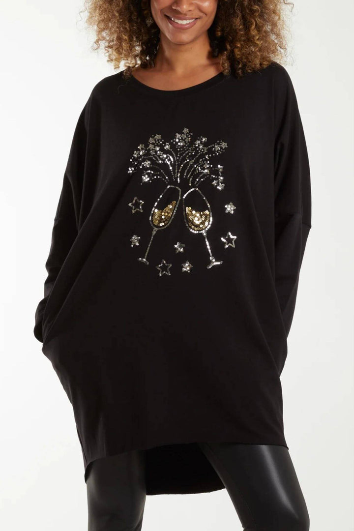 Black Sequin Glasses Christmas Sweater Dress With Pockets