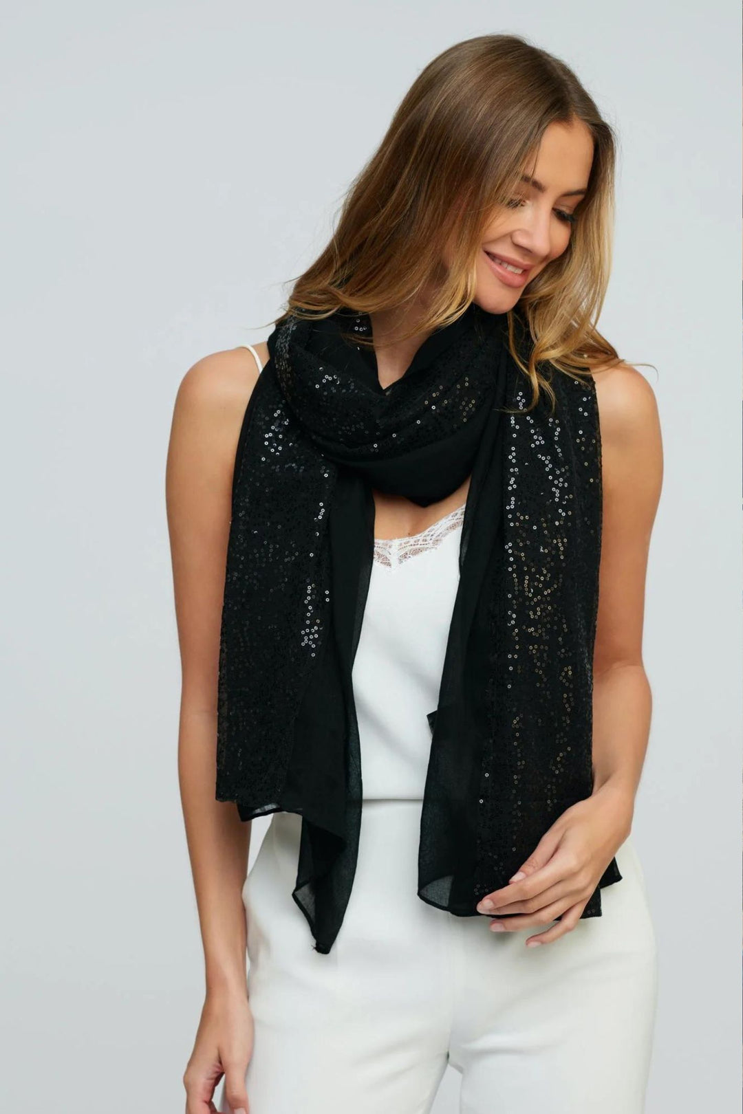Black Sequin Layered Shawl Scarf
