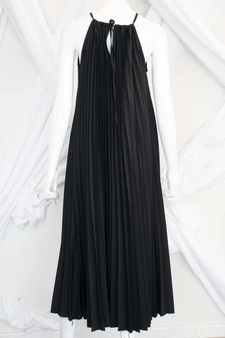 Black Tie Neckline Pleated Maxi Dress