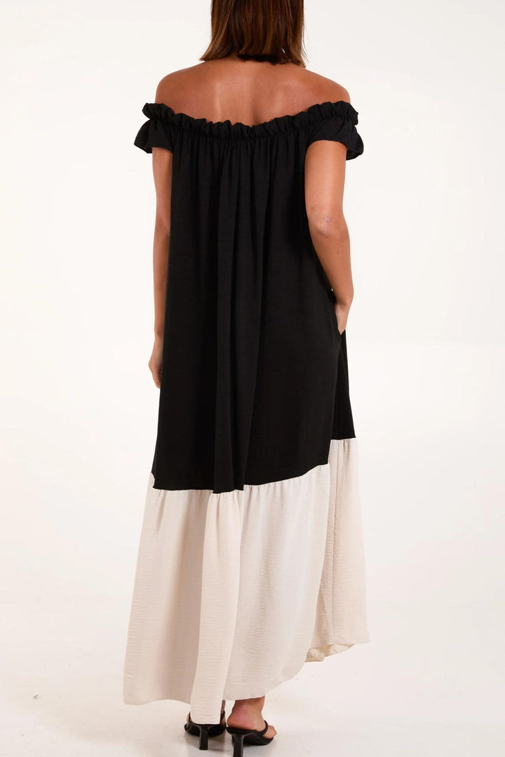 Black Two Tone Bardot Neckline Dress