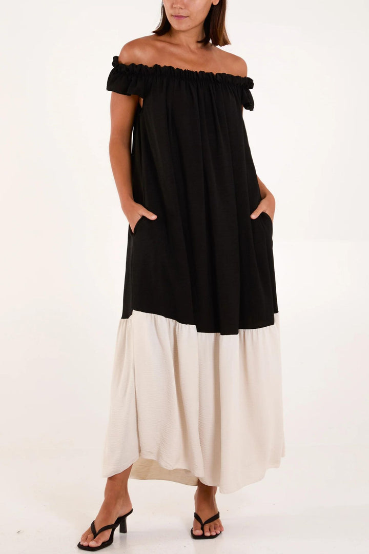 Black Two Tone Bardot Neckline Dress