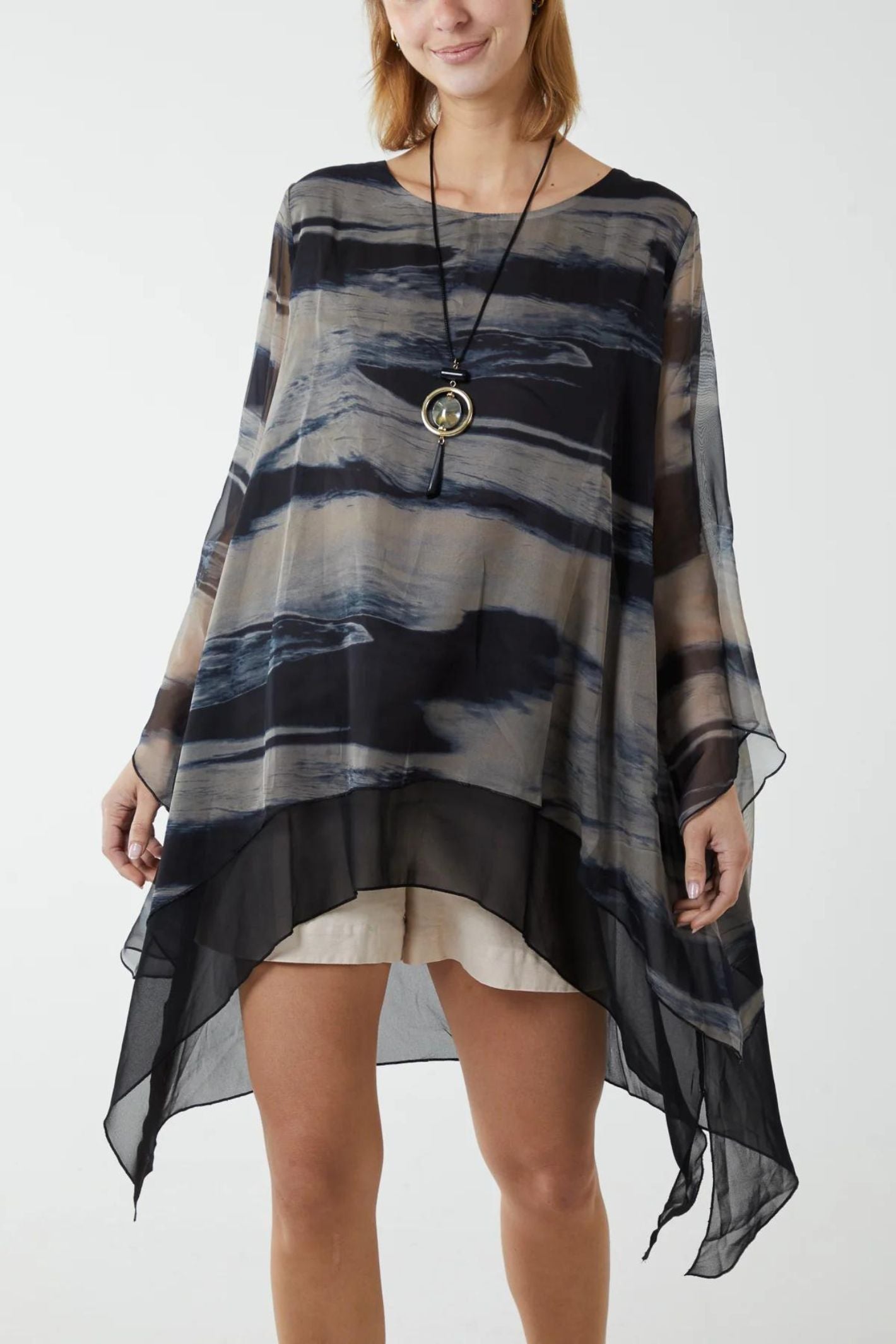 Black Waves Oversized Chiffon Layered Top