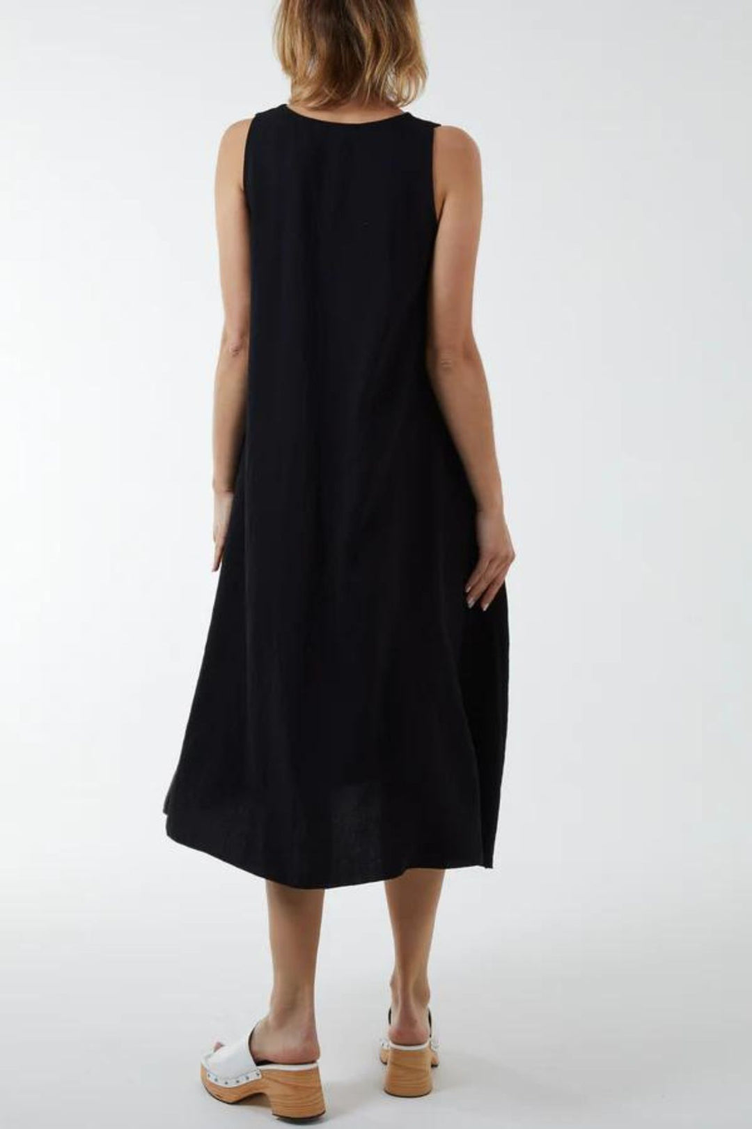 Black Woven V-Neck Midi Dress