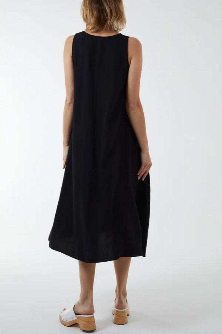 Black Woven V-Neck Midi Dress