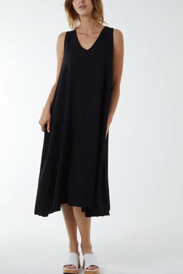Black Woven V-Neck Midi Dress