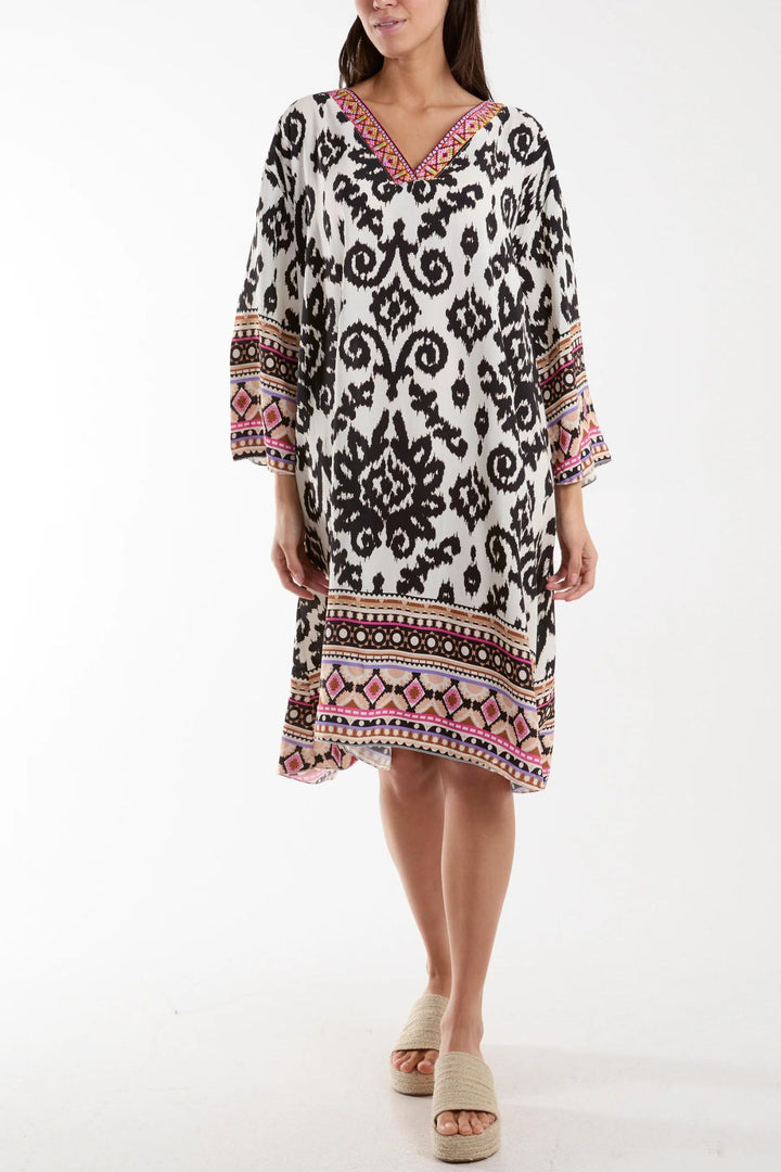 Black & Cream Filigree Print A-line Tunic Cover Up