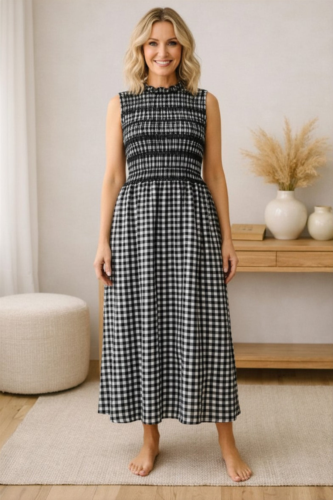 Black &amp; Grey Gingham Shirred Maxi Dress