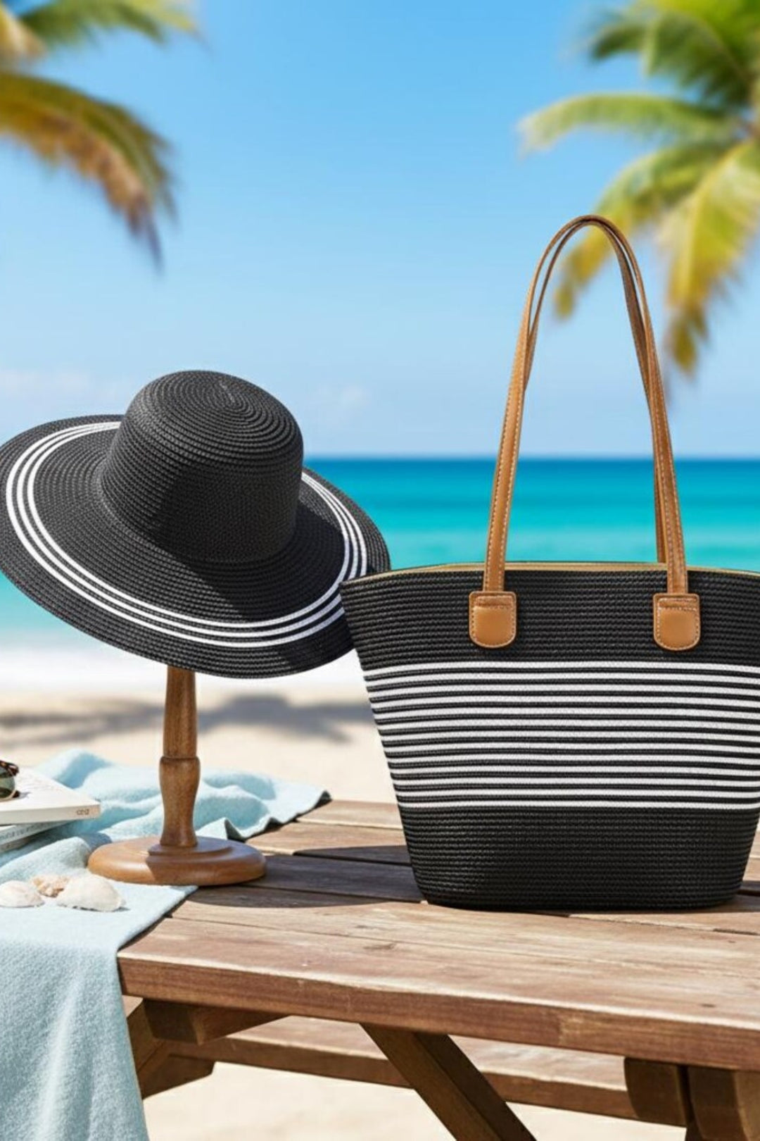 Black &amp; White Medium Size Striped Straw Basket Bag