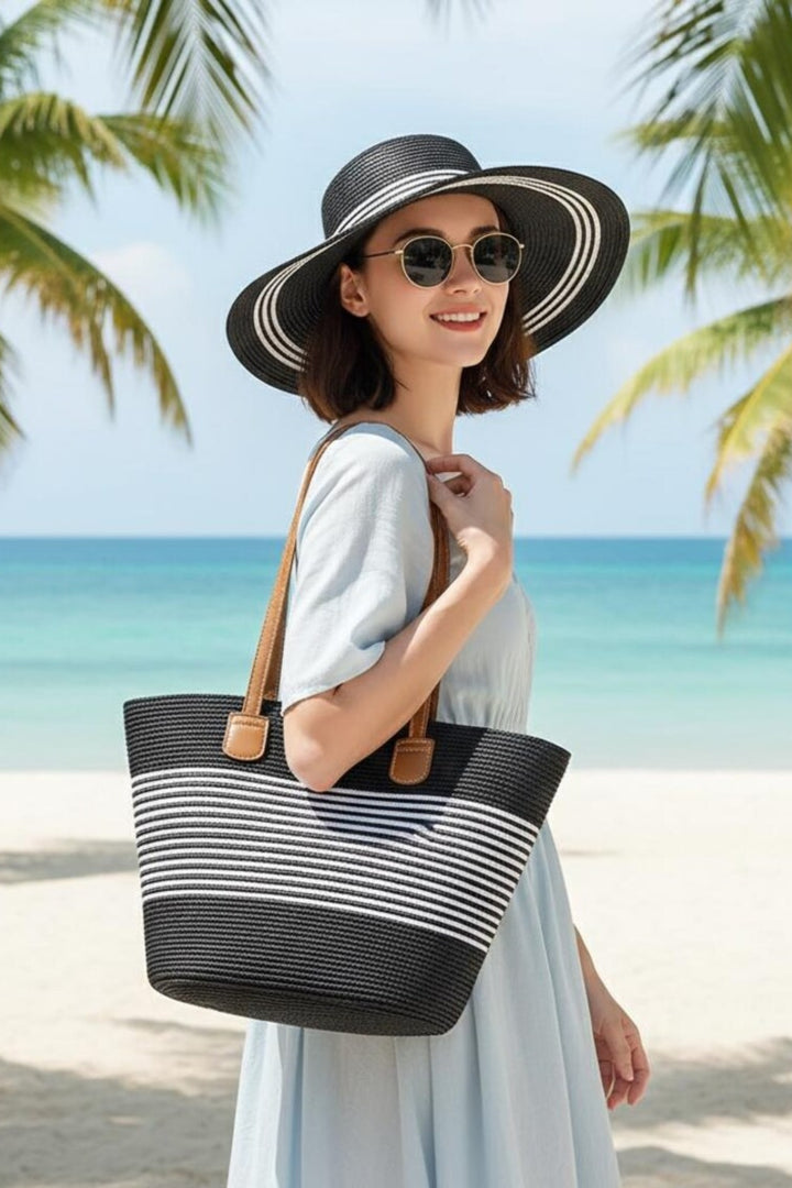 Black &amp; White Striped Straw Sun Hat