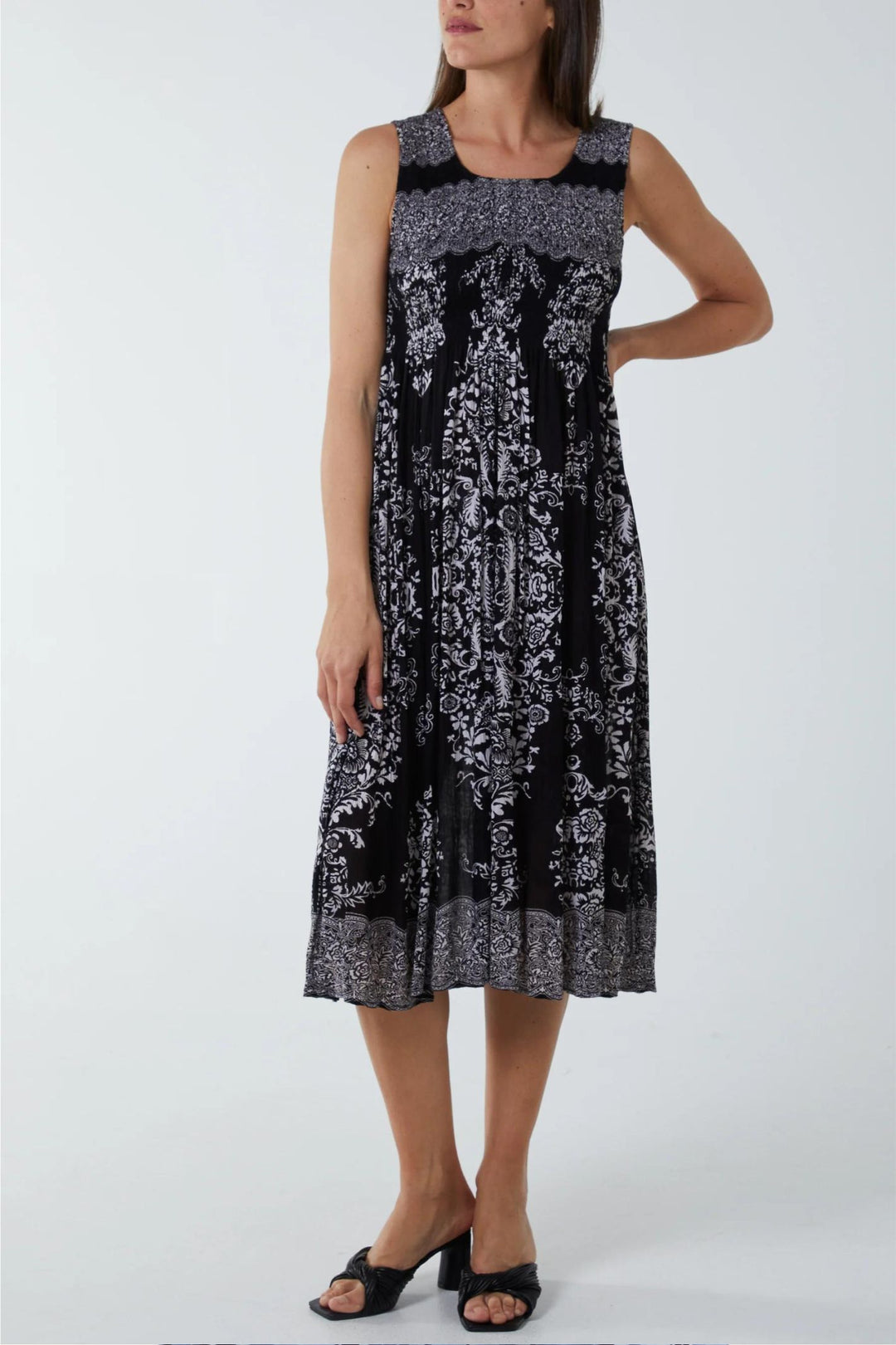 Black & White Paisley Print Shirred Midi Dress Experience Boutique Black & White Paisley Print Shirred Midi Dress Experience Boutique