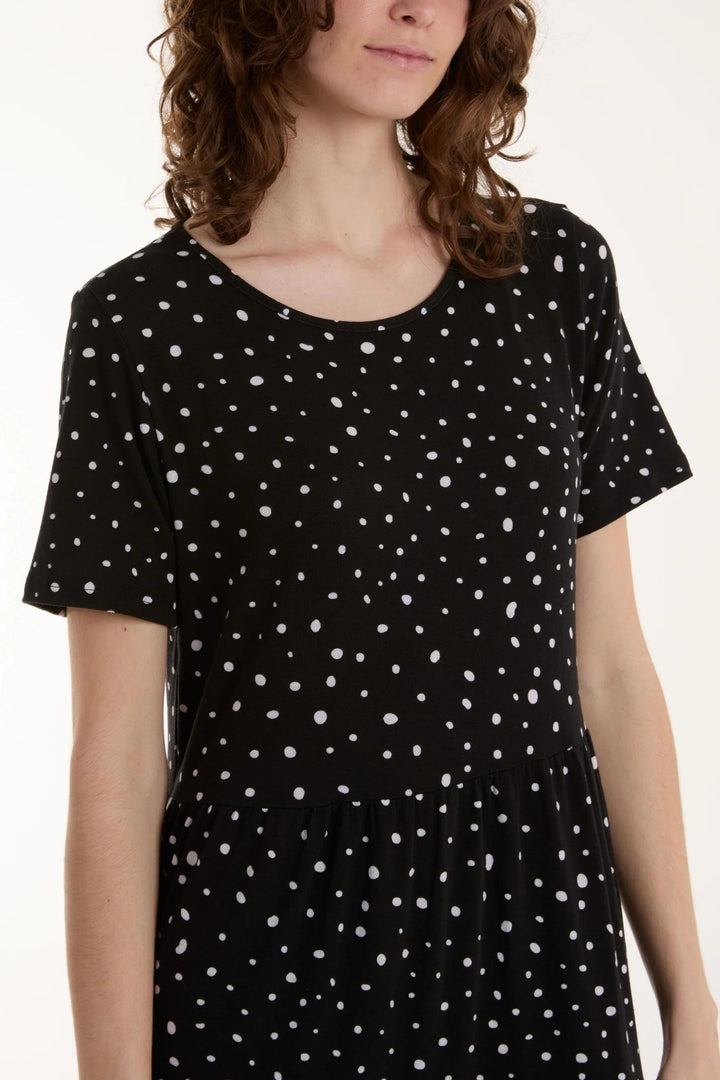 Black & White Polka Dot Tiered Midi Dress