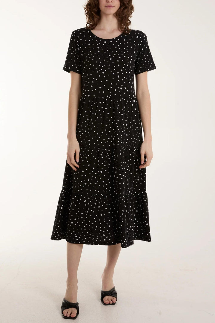 Black & White Polka Dot Tiered Midi Dress