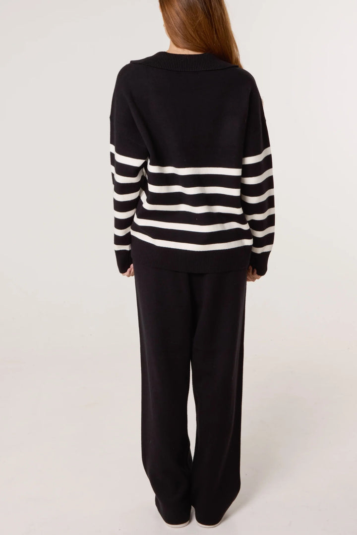 Black & White Stripe Collared V-Neck Jumper