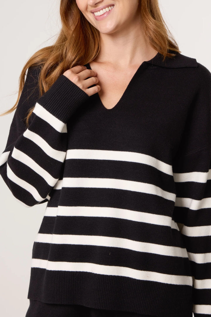 Black & White Stripe Collared V-Neck Jumper