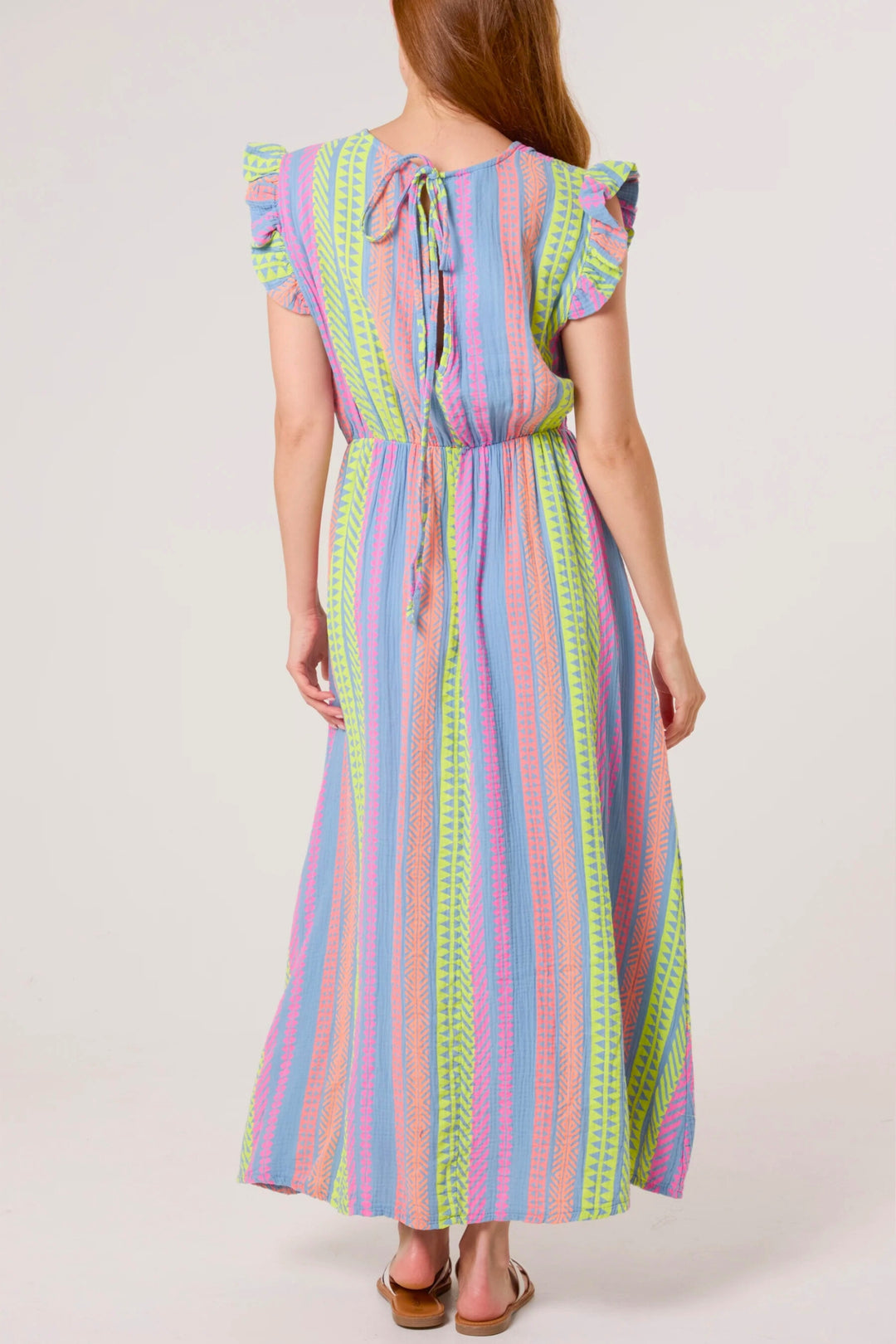 Blue Aztec Print Ruffle Sleeve Maxi Dress