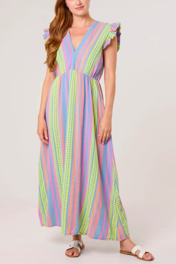 Blue Aztec Print Ruffle Sleeve Maxi Dress