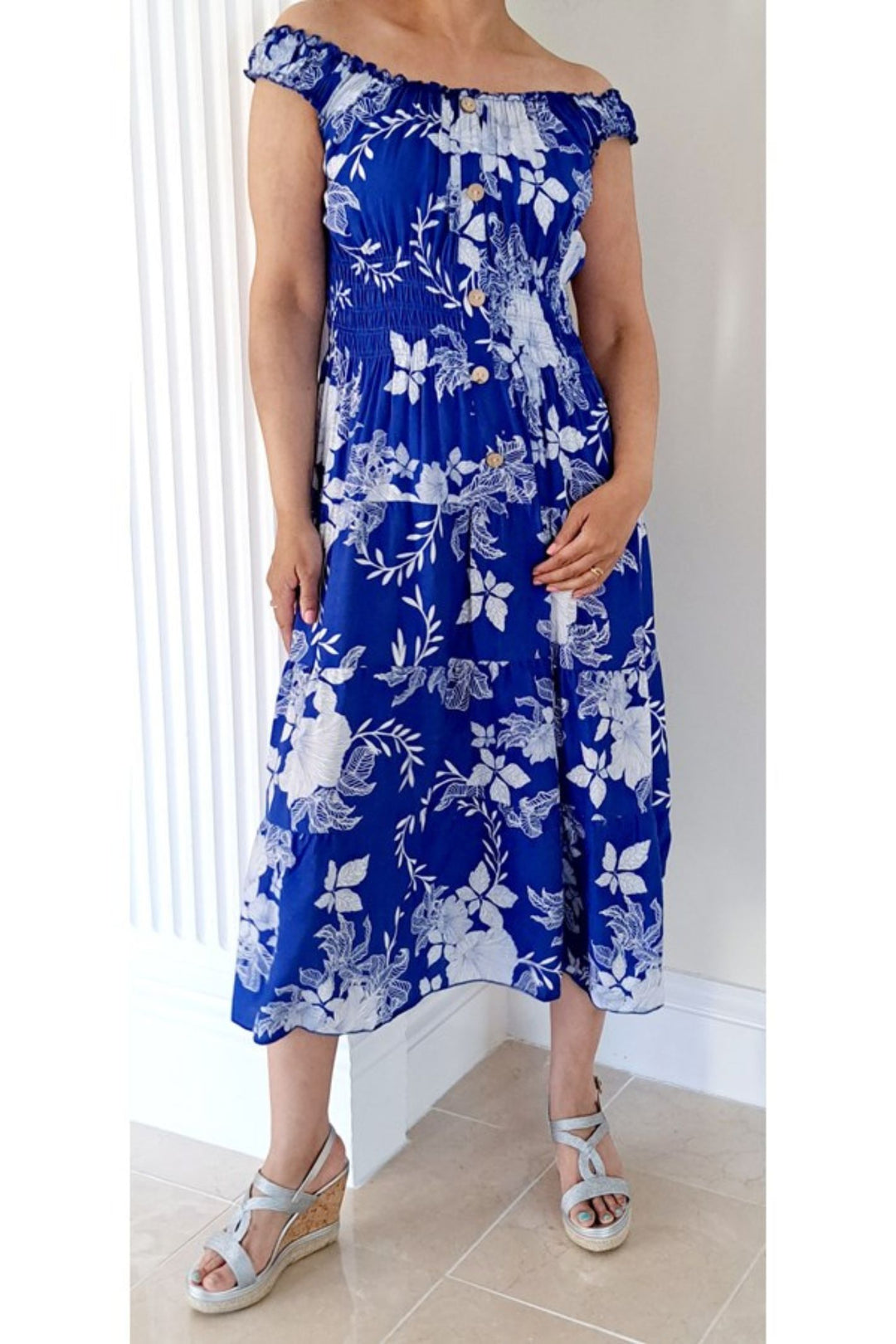 Blue Bardot Floral Stencil Print Midi Sun Dress With Shirred Waist