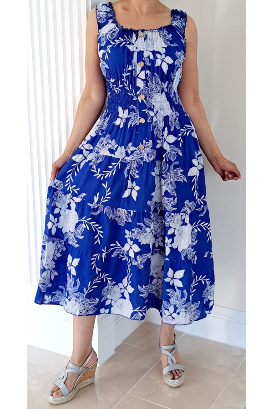 Blue Bardot Floral Stencil Print Midi Sun Dress With Shirred Waist
