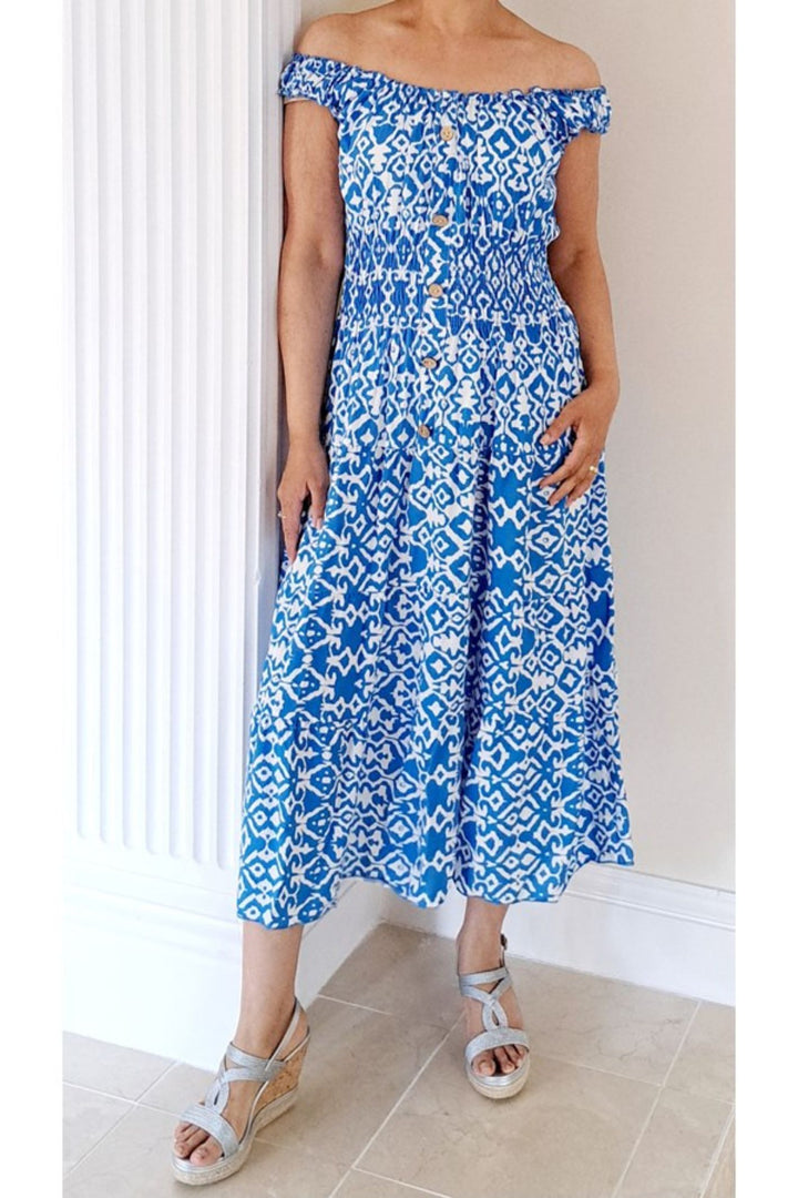 Blue Bardot Tribal Print Midi Sun Dress With Shirred Waist