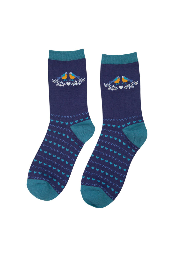 Blue Bird Print Love Heart Bamboo Ankle Socks