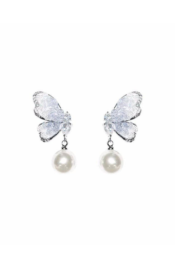 Blue Crystal Butterfly Earrings with Pearl Drops