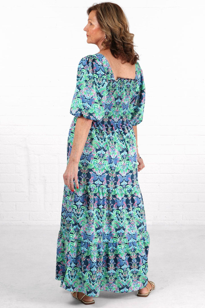 Blue Fleur De Lis Puff Sleeve Tiered Maxi Dress