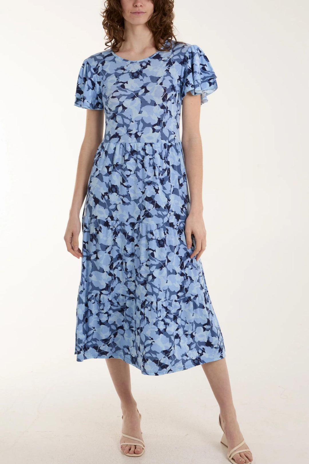 Blue Leaf Print Angel Sleeve Tiered Midi Dress Experience Boutique Blue Leaf Print Angel Sleeve Tiered Midi Dress Experience Boutique