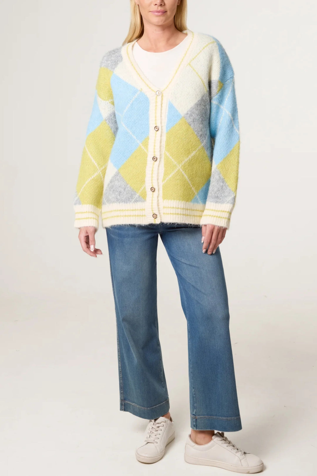 Blue, Lime & Grey Colour Block Argyll Cardigan