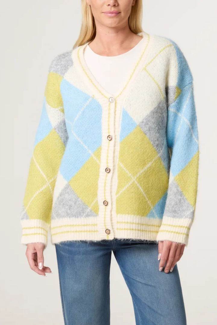 Blue, Lime & Grey Colour Block Argyll Cardigan