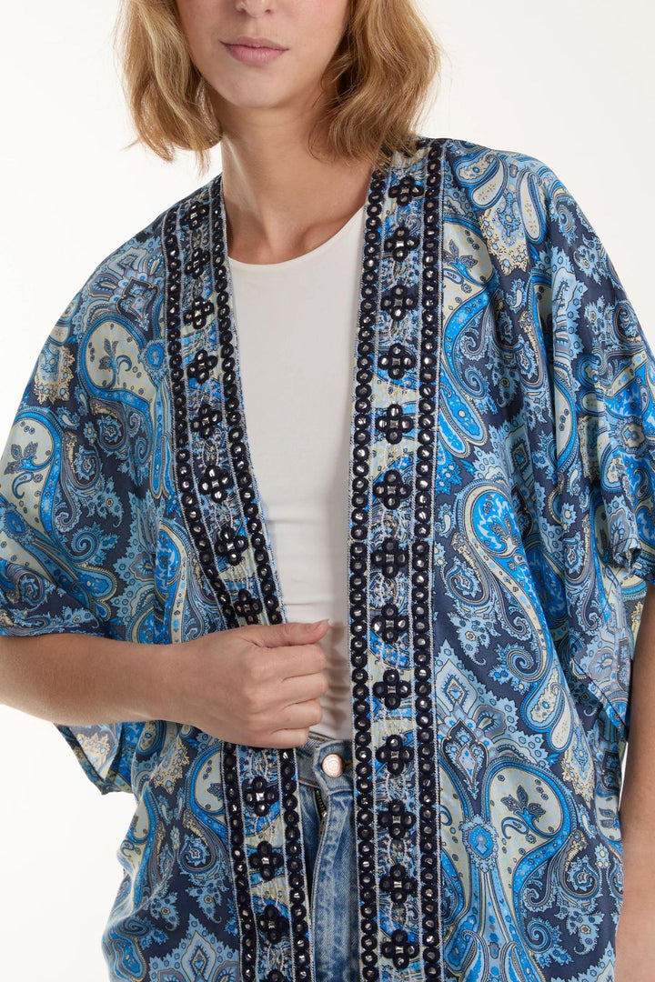 Blue Mosaic Art Print Embroidered Kimono