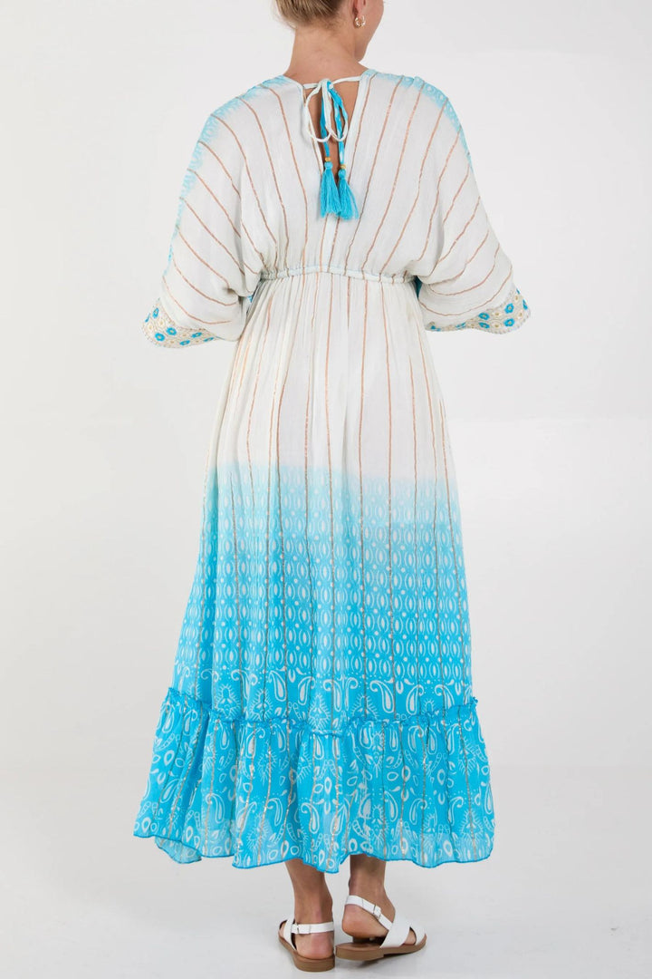 Blue Ombre Embroidered V-Neck Maxi Dress