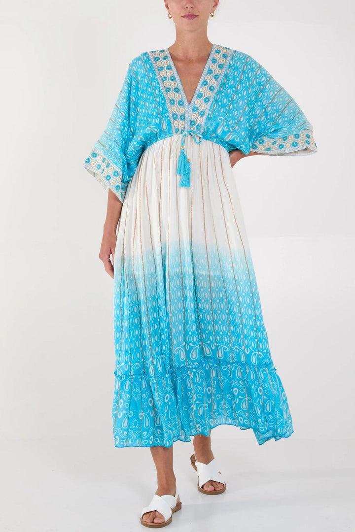 Blue Ombre Embroidered V-Neck Maxi Dress