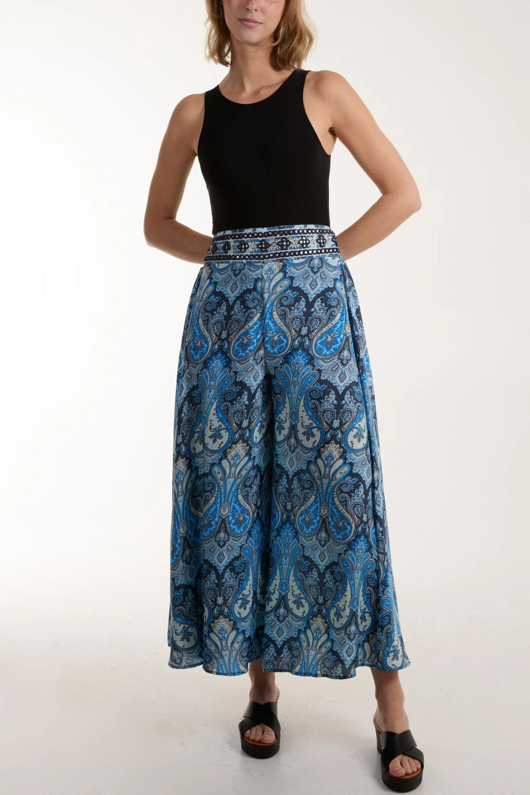 Blue Paisley Print Silk Blend Wide Leg Pull-On Trousers