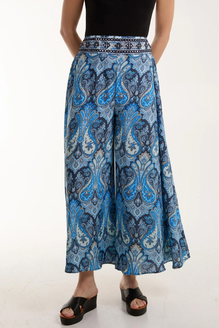 Blue Paisley Print Silk Blend Wide Leg Pull-On Trousers