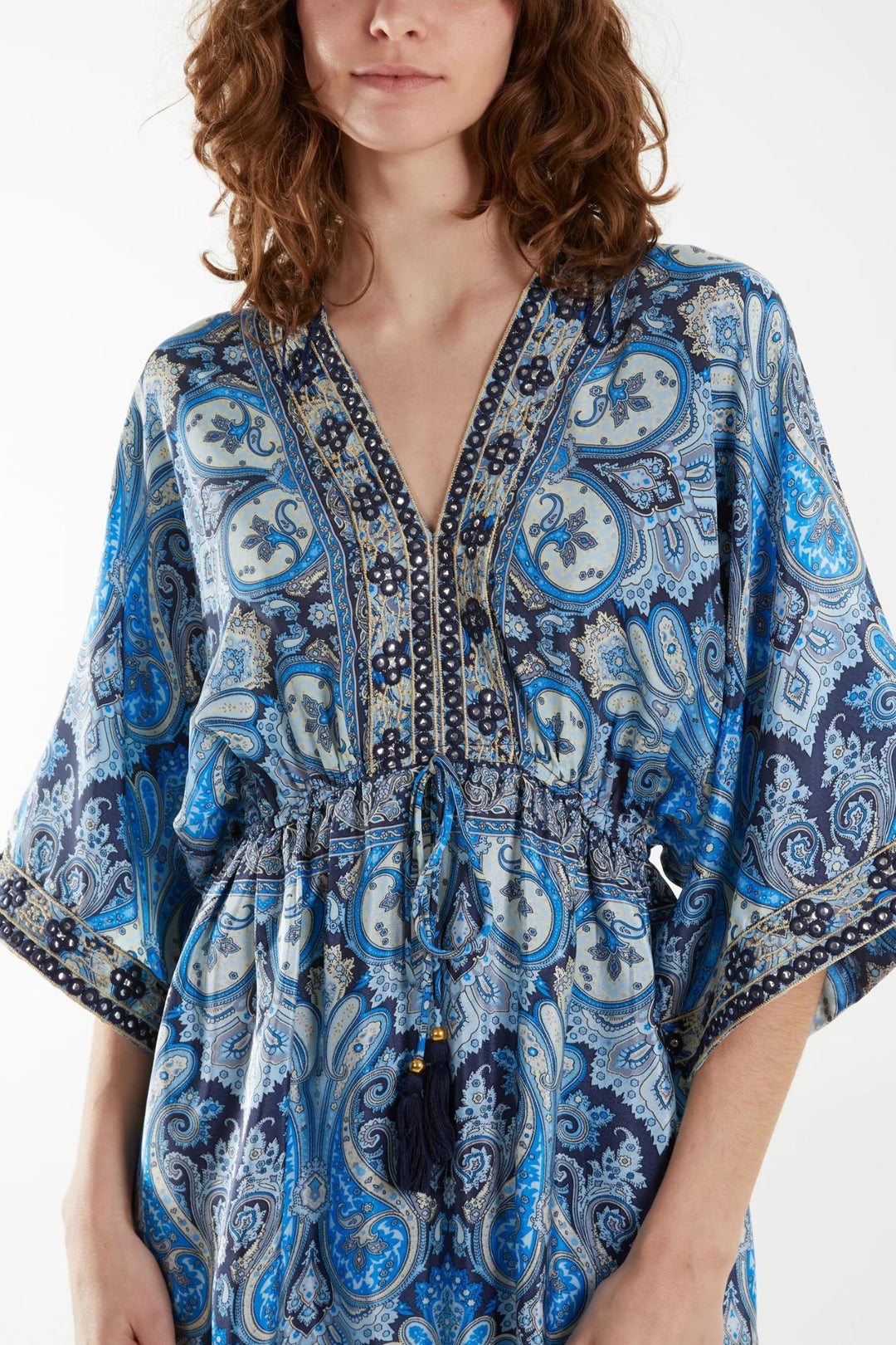 Blue Paisley Print V-Neck Silk Blend Maxi Dress – Experience Boutique