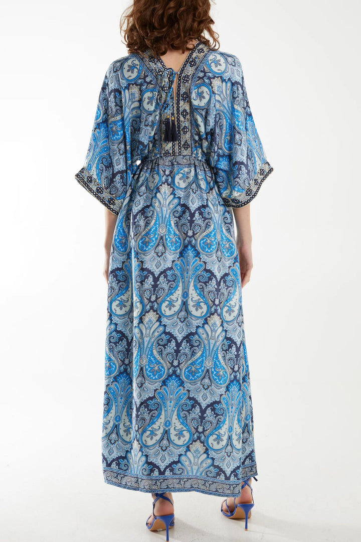 Blue Paisley Print V-Neck Silk Blend  Maxi Dress