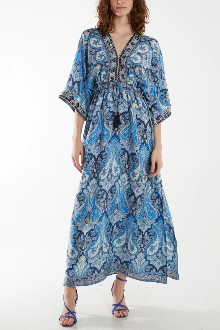 Blue Paisley Print V-Neck Silk Blend  Maxi Dress