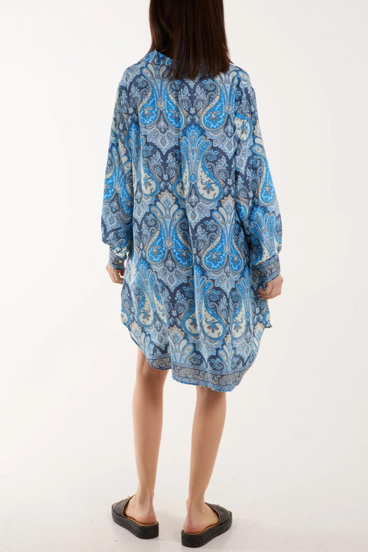 Blue Paisley Silk Blend Loose Fit Shirt Style Dress