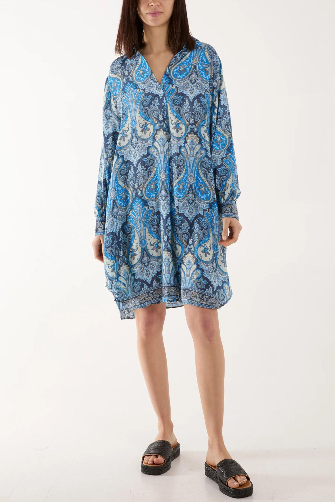 Blue Paisley Silk Blend Loose Fit Shirt Style Dress Experience Boutique Blue Paisley Silk Blend Loose Fit Shirt Style Dress Experience Boutique