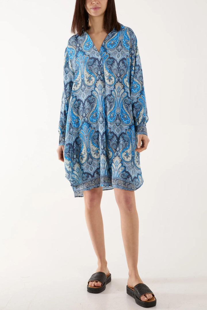 Blue Paisley Silk Blend Loose Fit Shirt Style Dress