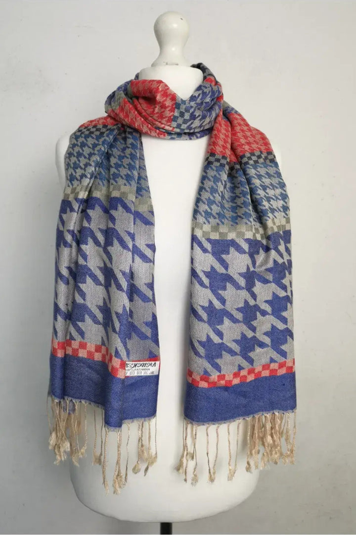 Blue Super Soft Dogtooth Print Pashmina Scarf Shawl Wrap