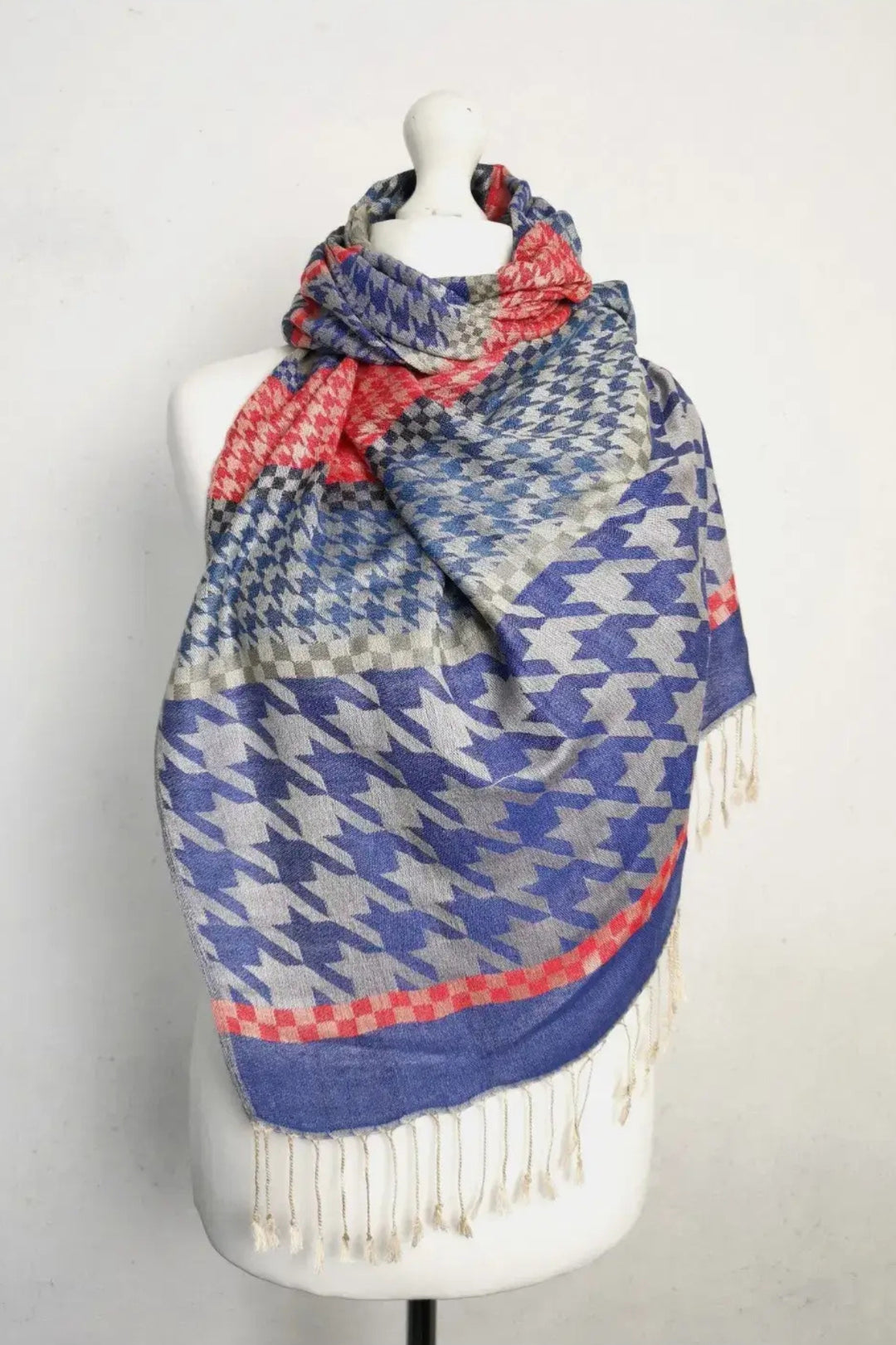 Blue Super Soft Dogtooth Print Pashmina Scarf Shawl Wrap
