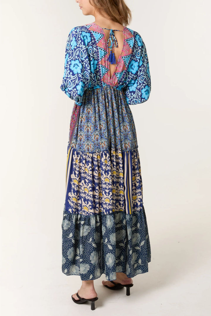 Blue Tone Silky Tiered V-Neck Maxi Dress