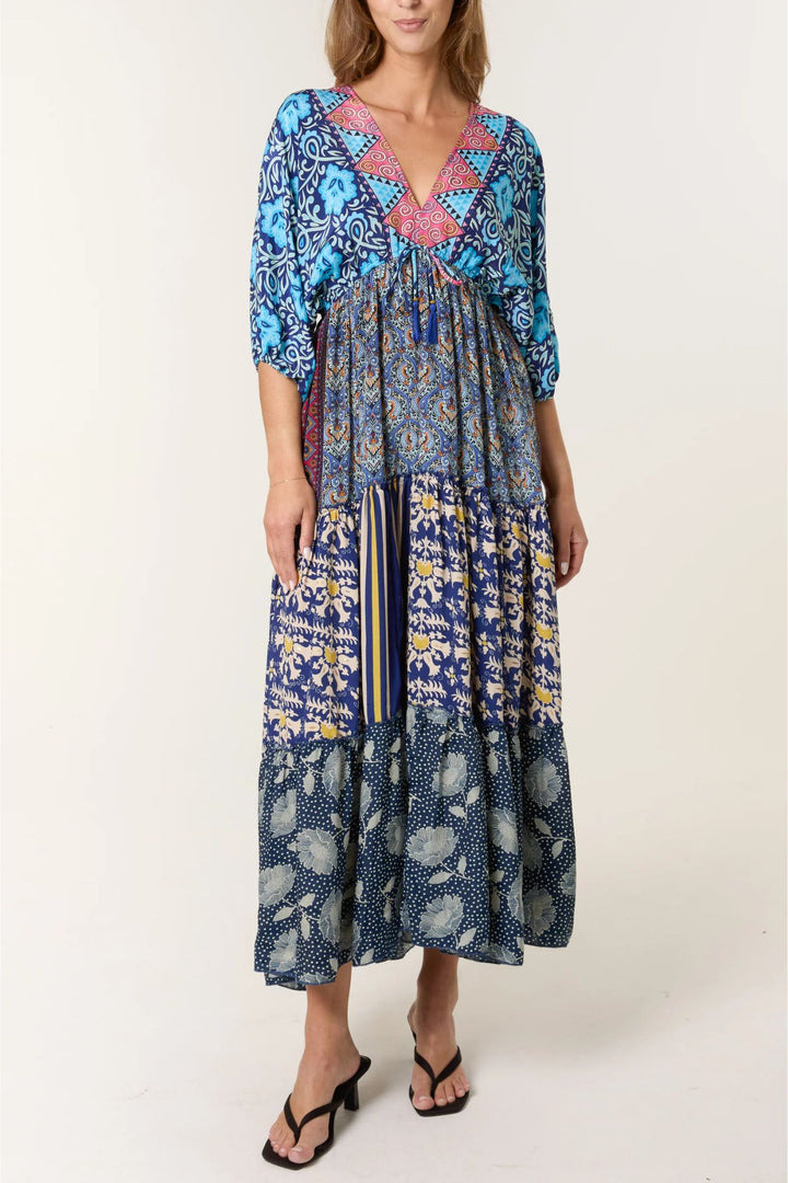 Blue Tone Silky Tiered V-Neck Maxi Dress
