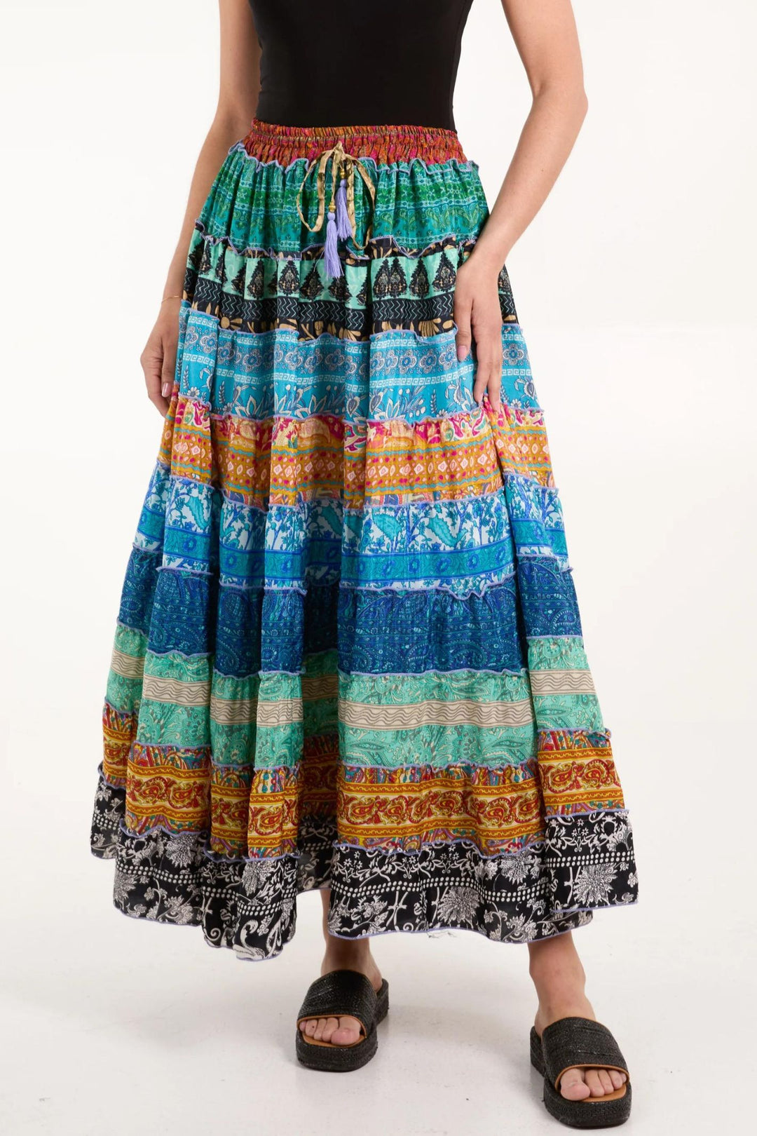 Blue Tones Hand Crafted Silky Tiered Maxi Skirt