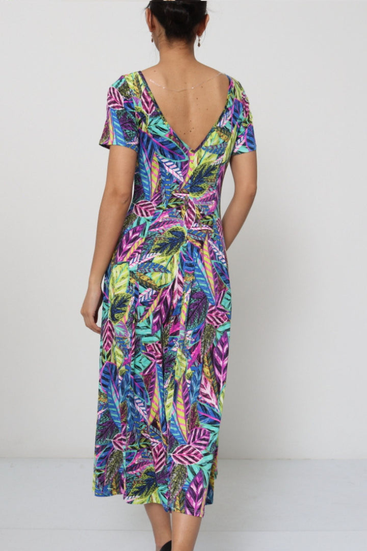 Blue Vibrant Leaf Print V-Neck Maxi Dress